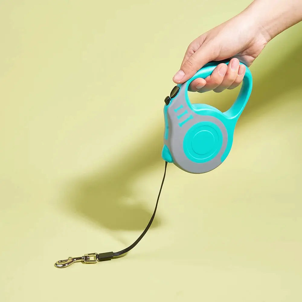 Retractable dog leash in turquoise and gray; auto nylon lead with a black cord.