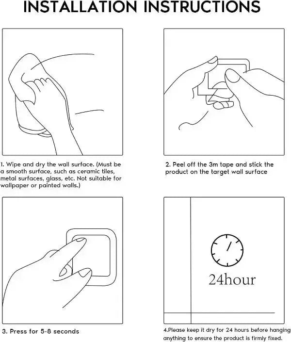 Simples Market self-adhesive towel rack installation steps: wipe wall, peel tape, press, dry 24 hours.