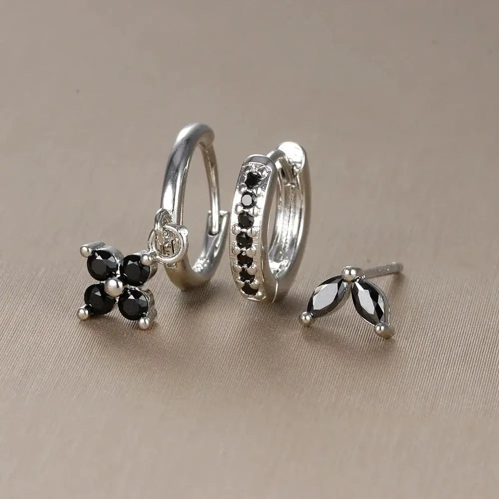 3Pcs Trendy Stainless Steel Flower Drop Earrings Set For Women Crystal Zirconia Dangle Hypoallergenic Piercing Jewelry