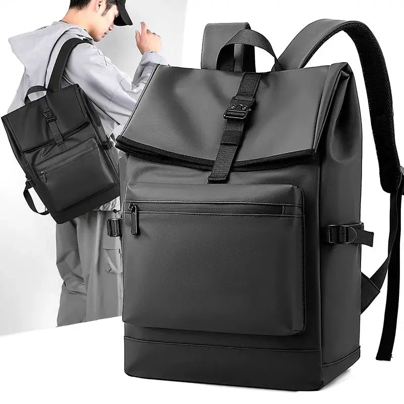 Two black backpacks; main 17-inch urban men’s business backpack with large capacity, front zip pocket and top buckle.