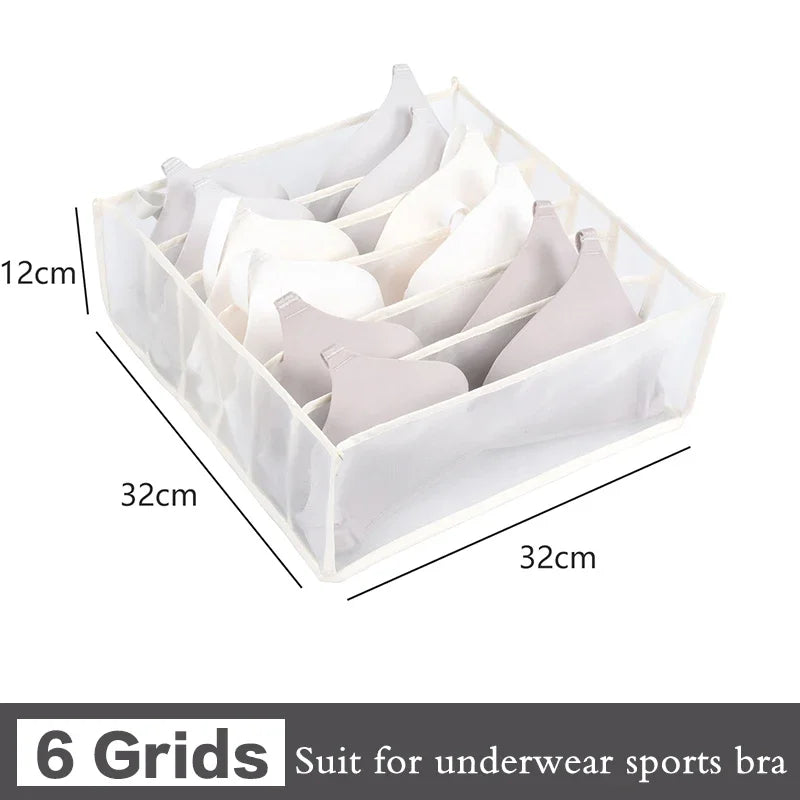 Lingerie organizer storage box with six white fabric compartments for bras, underwear and socks