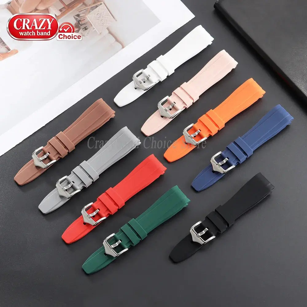 Assorted silicone watch straps with metal buckles in 12 colors; Crazy Watch Band logo visible