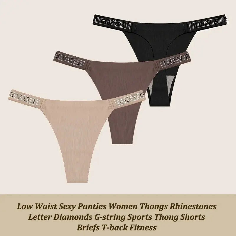 3-pack low-waist thong panties with rhinestone lettered waistband in black, taupe and beige by Simples Market