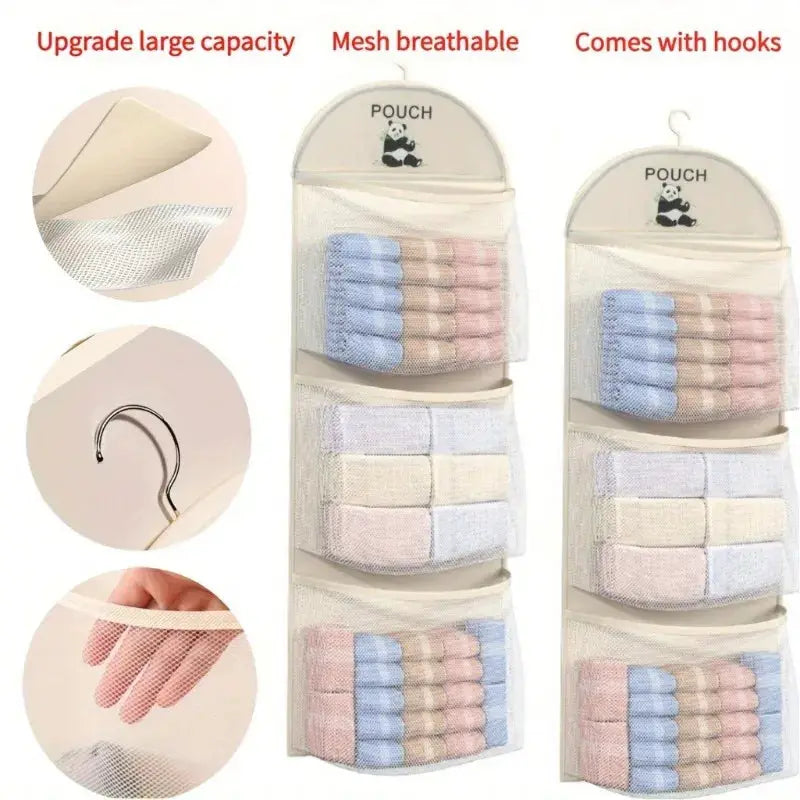 Three-tier hanging mesh storage organizer by Simples Market for underwear, socks and bras with visible pockets in beige.