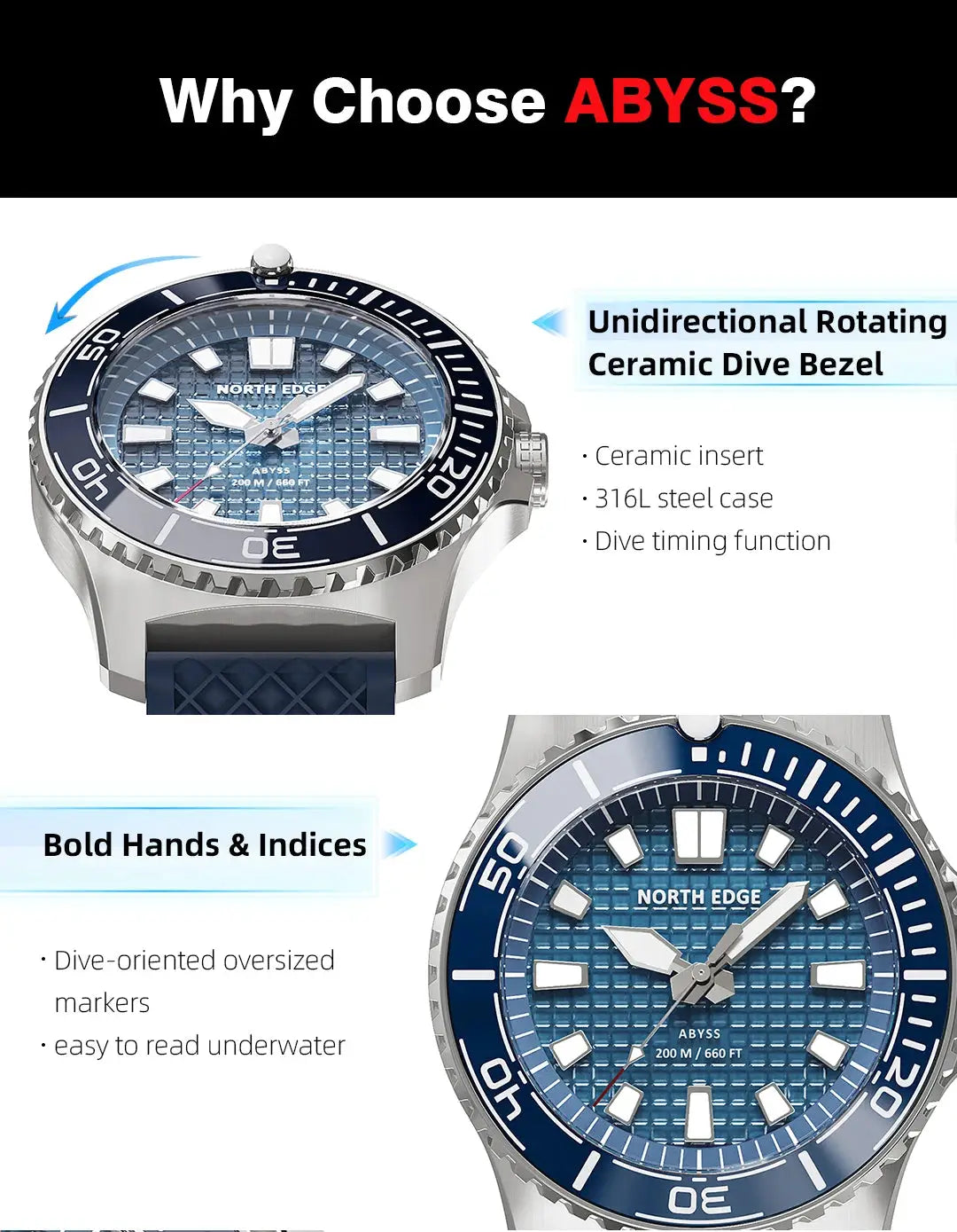 North Edge Abyss diving watch, blue dial with ceramic bezel; 2 views.