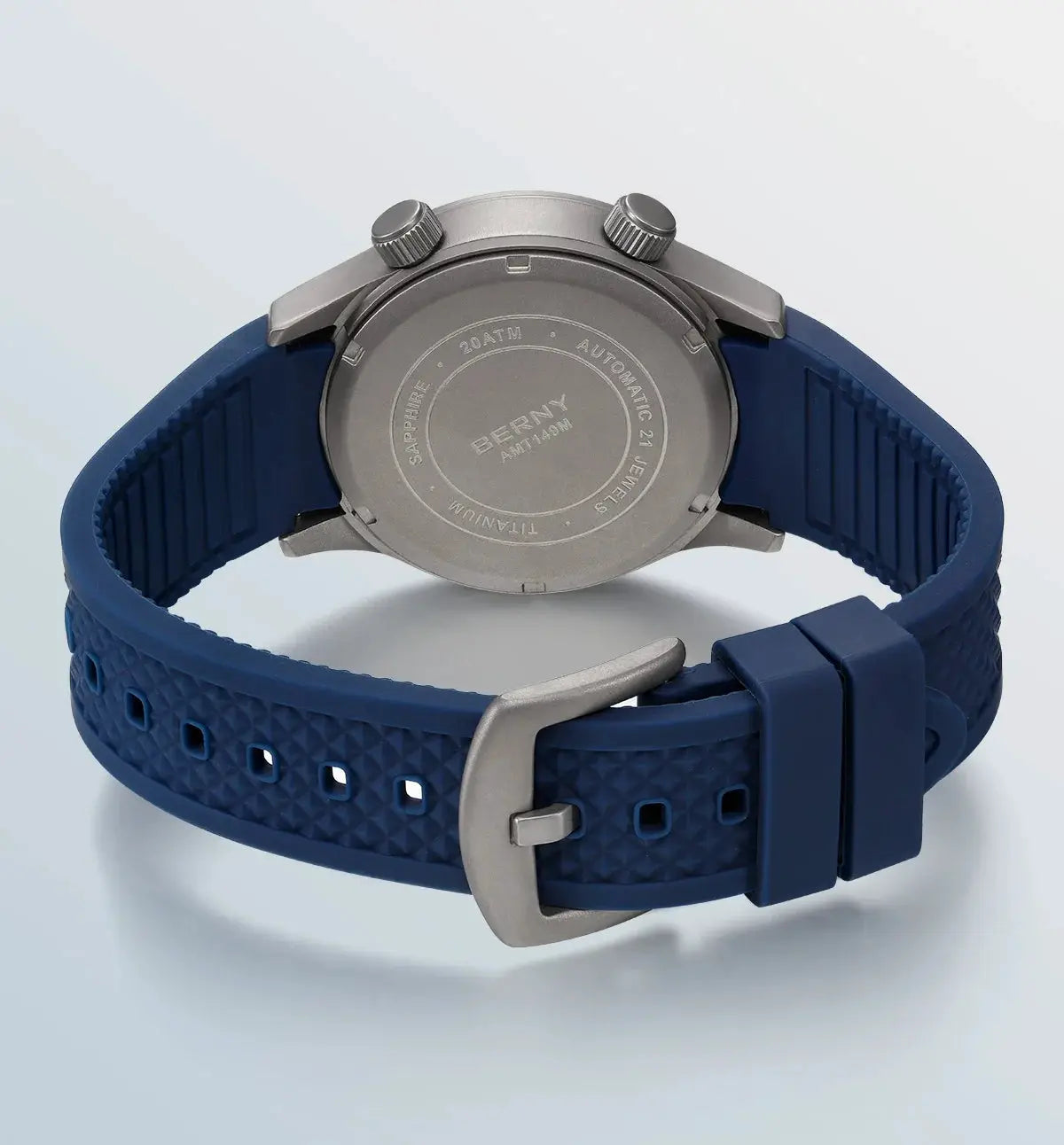 BERNY titanium automatic diver watch for men with blue silicone strap and 20ATM water resistance
