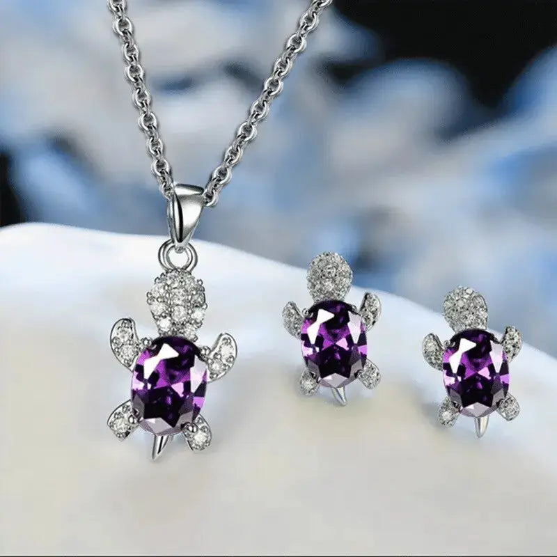 3pc turtle jewelry set: silver-plated necklace with purple glass diamond turtle pendant and matching earrings