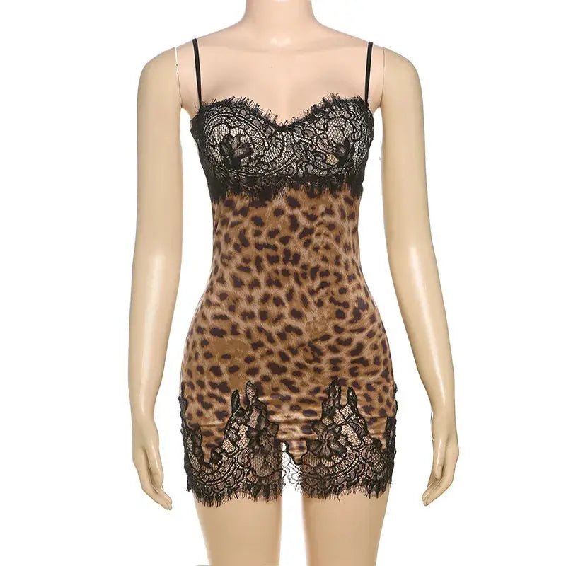 Julissa Mo Leopard Lace Mini Dress Spaghetti Strap High Waist Women