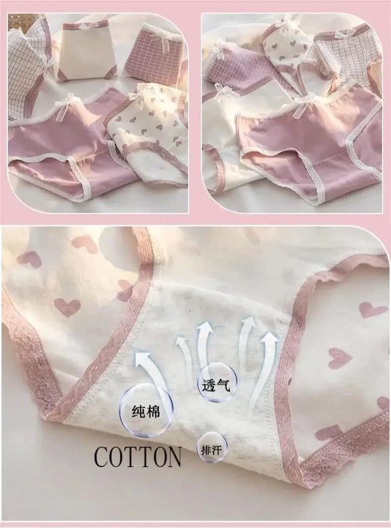 Panties set Simples Market 5Pcs cotton womens underwear in pink and white with heart prints breathable