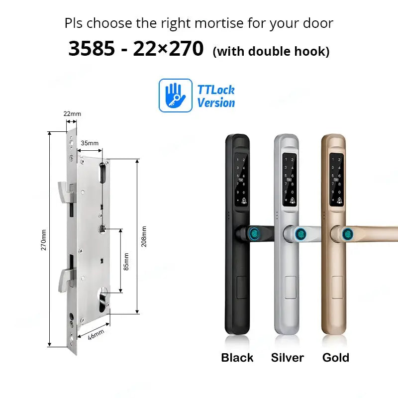 Simples Market 92/85mm waterproof fingerprint TTLock Bluetooth keyless smart door lock in 3 finishes black, silver, gold