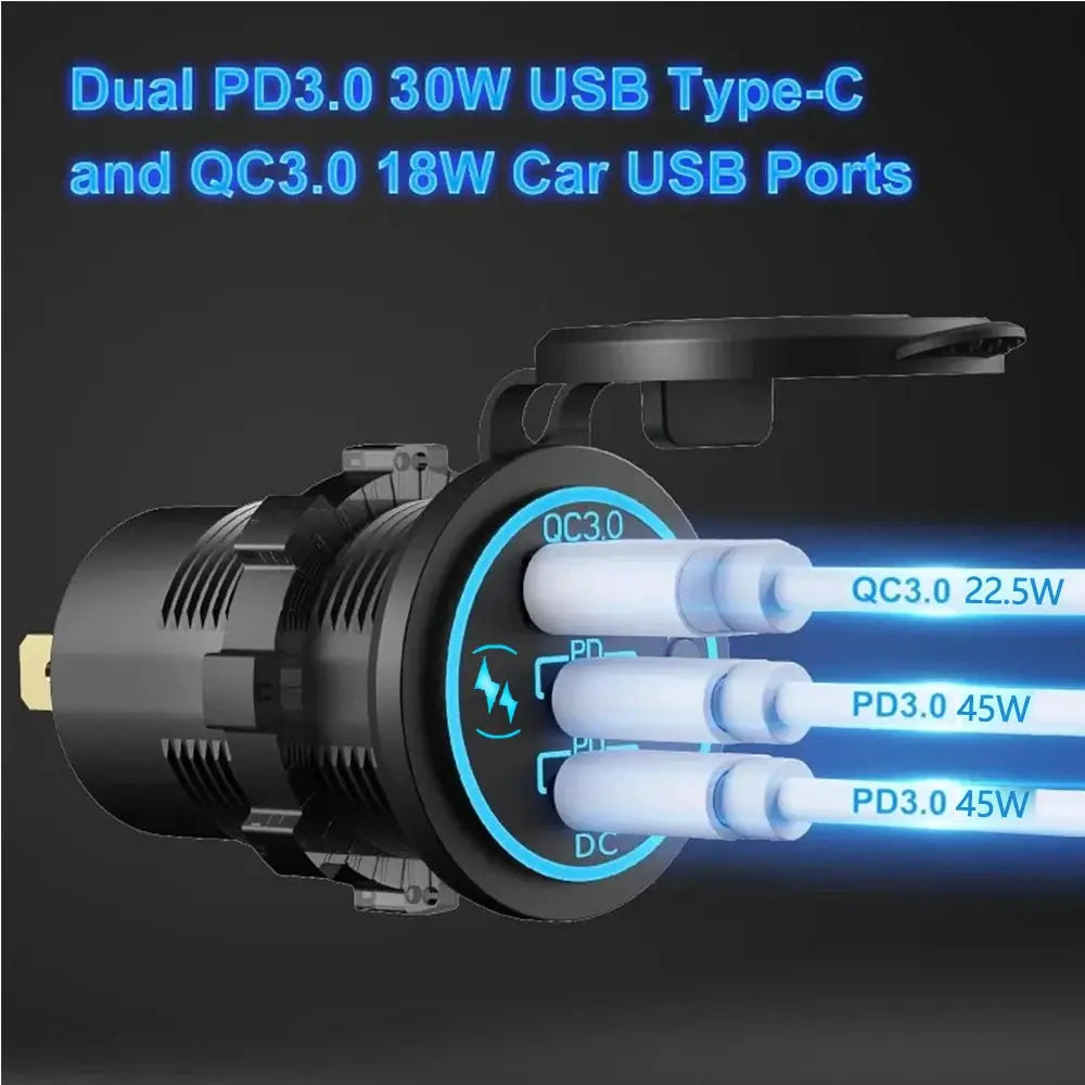 Velev 78W PD3.0 QC3.0 Dual USB C Ports Car Charger Socket Waterproof With LED Touch Switch 12V/24V For Moto