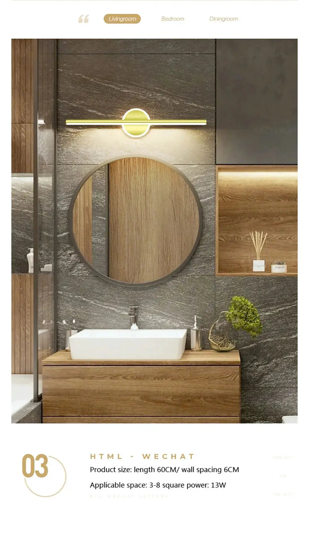 Modern LED wall lamp with gold long strip and circular backplate above a round bathroom mirror