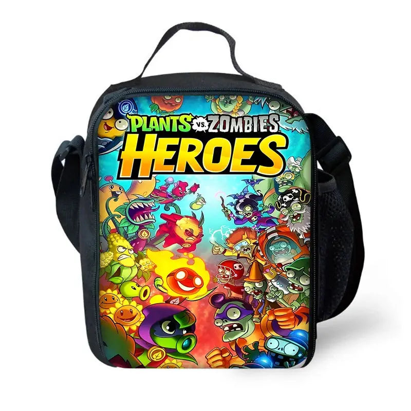 Kids backpack featuring Plants vs Zombies Heroes artwork; multicolor front panel with black sides and top handle.