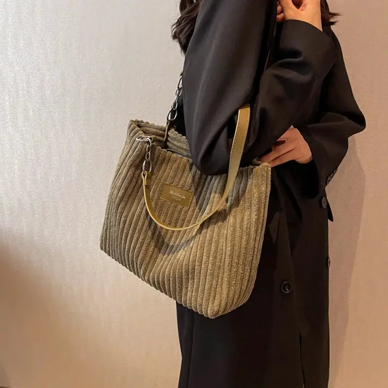 Women corduroy shoulder bag by Simples Market with fixed strap, beige color, large capacity.