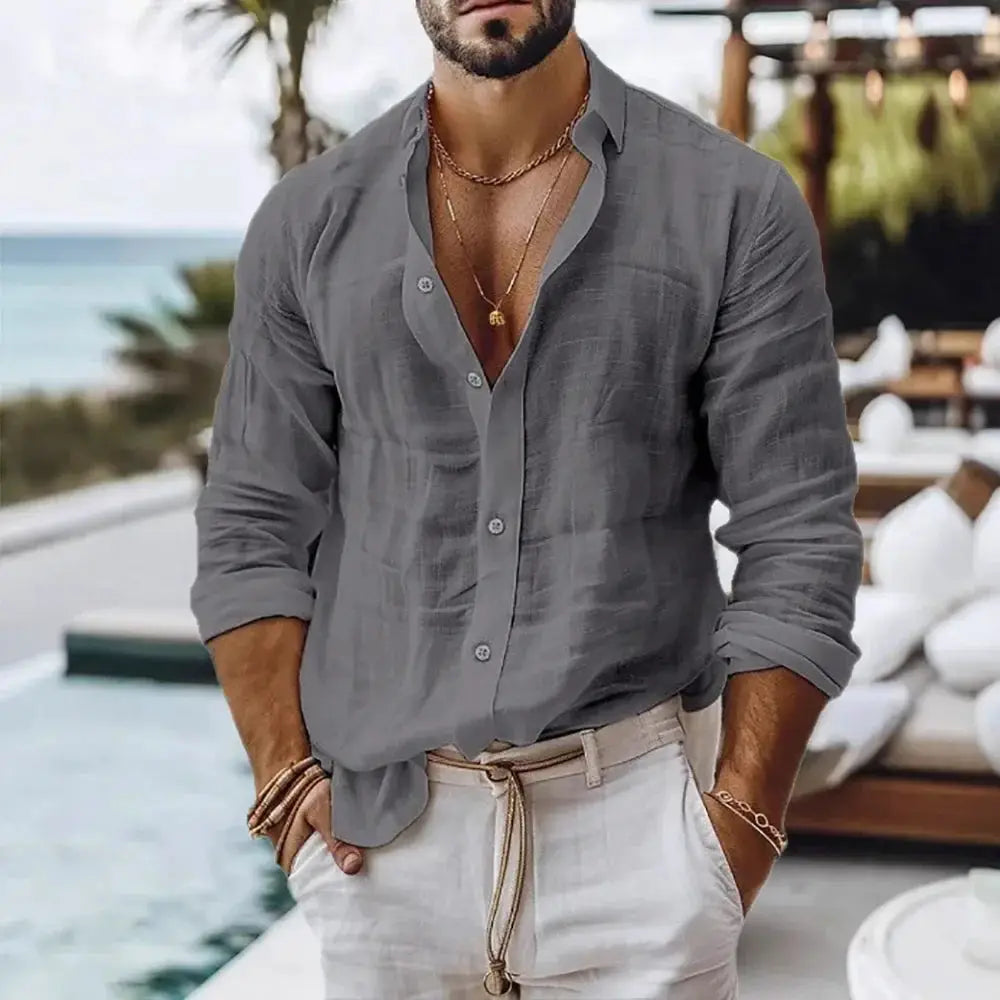 Cotton Linen Shirt for Men Breathable Summer Beach Style Solid Color Single Breasted Lightweight Button Front