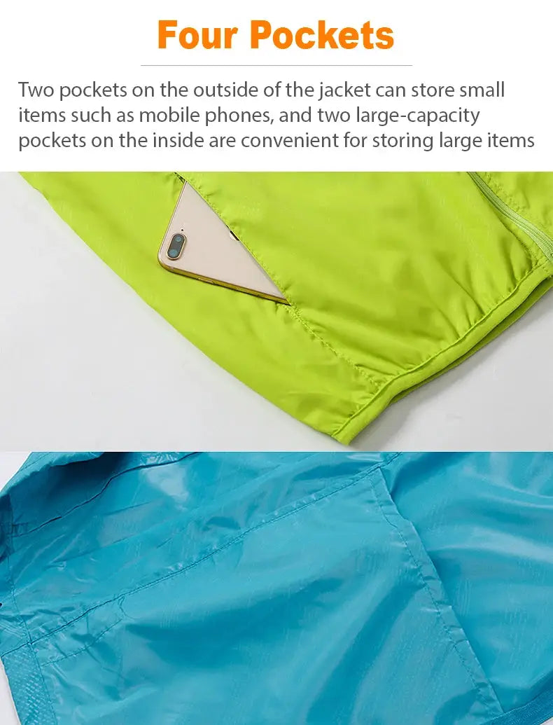 Two LNGXO waterproof hiking jackets in lime green and blue; unisex outdoor windbreaks with multiple pockets