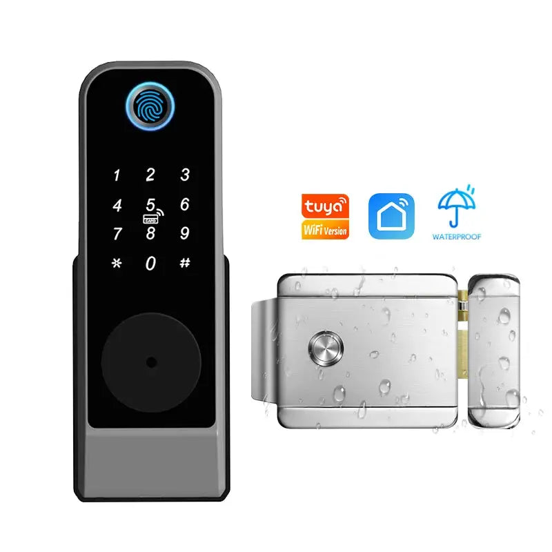 2-piece fingerprint smart door lock set with touchscreen keypad and fingerprint reader; Tuya WiFi Version, waterproof metal lock.