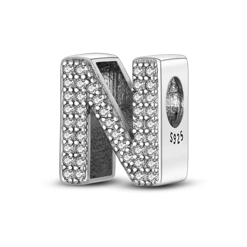 N-shaped 925 sterling silver bangle charm with cubic zirconia stones
