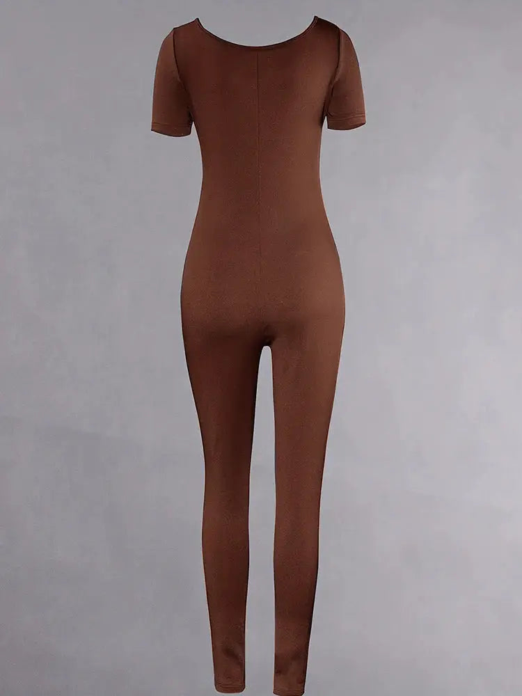Women's brown short-sleeve solid skinny bodycon jumpsuit back view