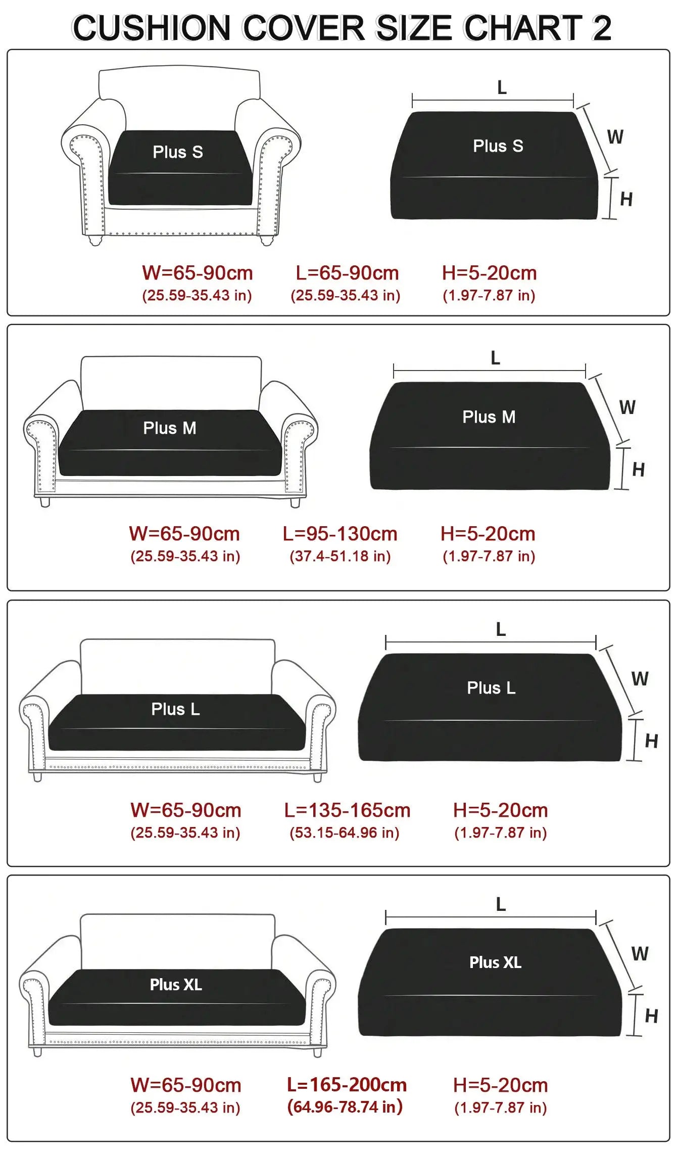Elastic seat cushion cover set by Simples Market in four sizes Plus S–XL; W 65–90 cm, L 65–200 cm, H 5–20 cm
