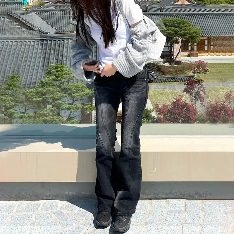 Vintage Distressed Asymmetrical Low Waist Jeans Grunge Flare Denim