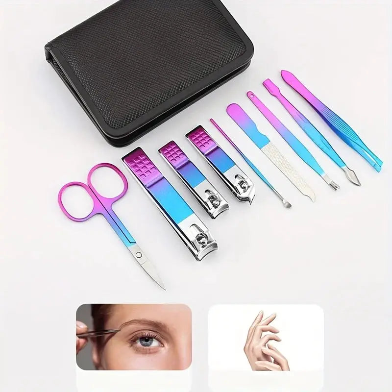 Simples Market manicure and pedicure kit - 9–18-piece stainless steel set with pink/blue handles and travel case