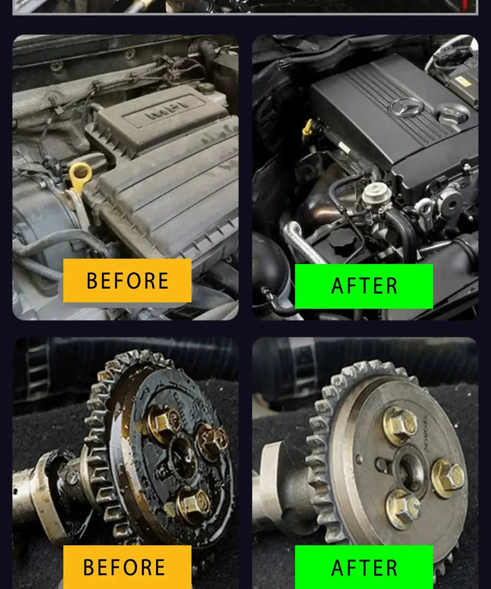 Hydroshine Engine Bay Cleaner by Simples Market; four-panel collage of before/after engine bay and gear parts