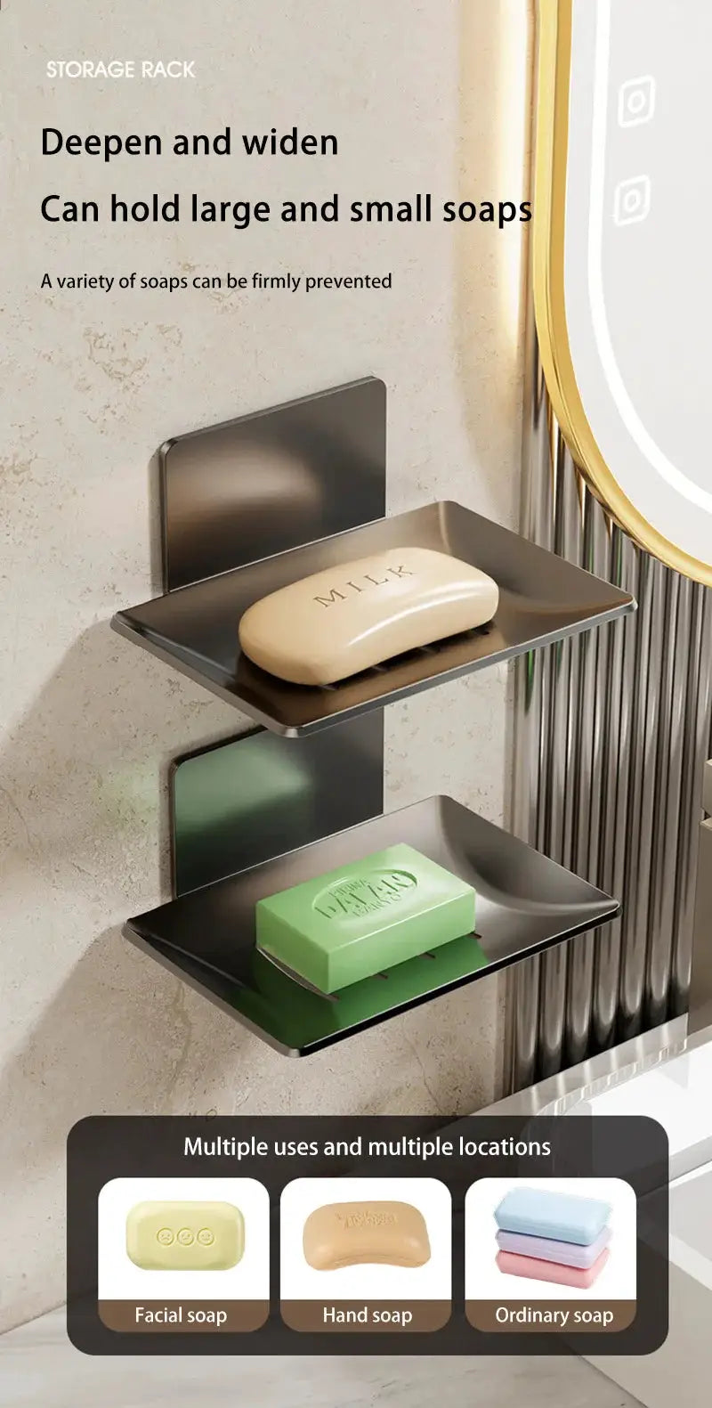 Soap box in black carbon steel, wall-mounted with two non-perforated trays for large and small soaps