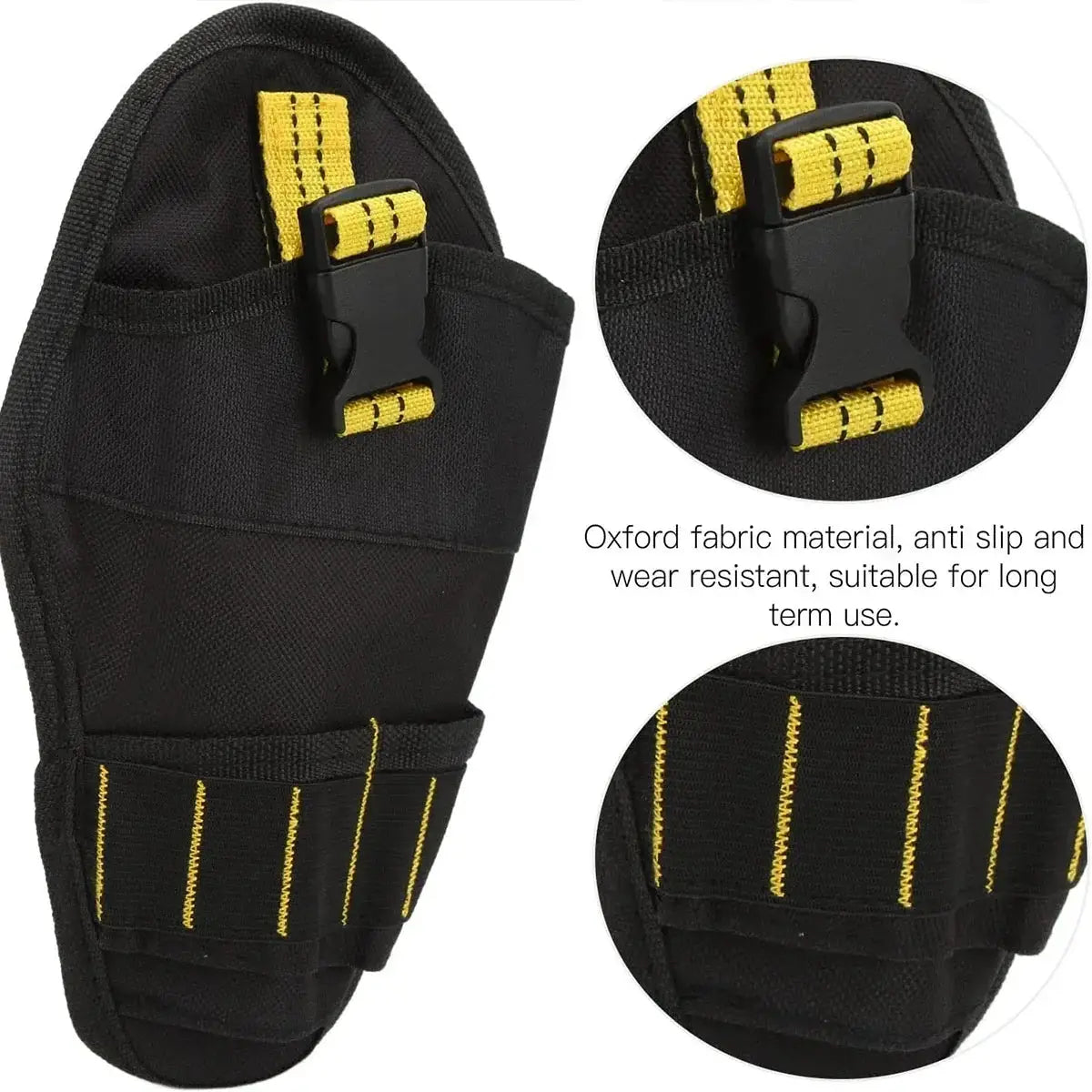 Power tool holster for cordless drill with single hook and metal clip, black Oxford fabric with yellow stitching
