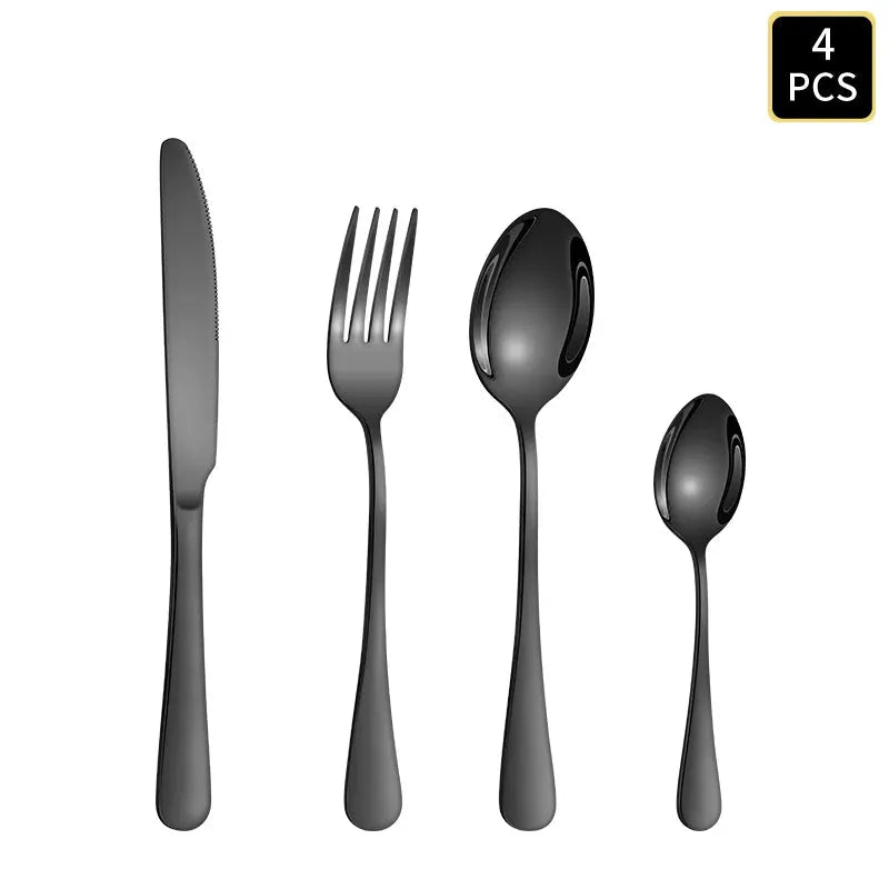 Black Stainless Steel Cutlery Set 1010 Round Handle Knives Forks Spoons 4 6 16 24 Piece for Home and Hotel