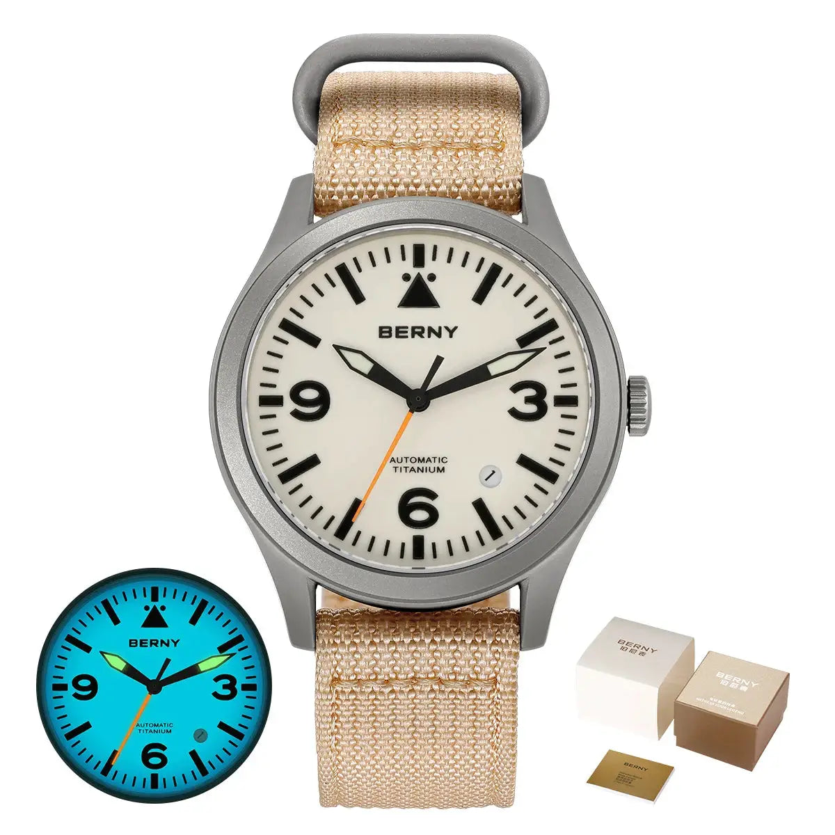 Two BERNY titanium automatic watches for men; beige fabric strap with ivory dial and blue-dial variant