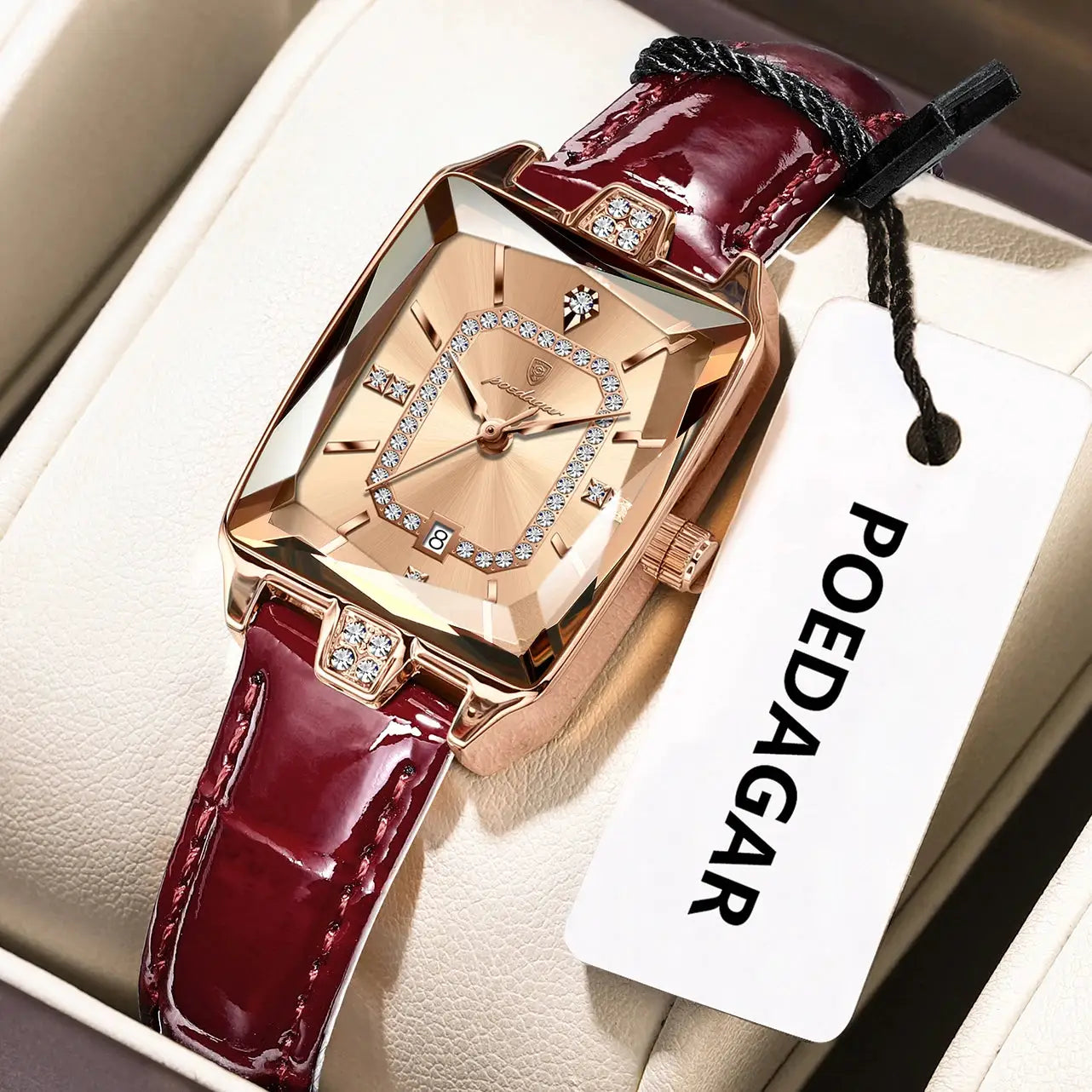 POEDAGAR luxury rose-gold women's waterproof wristwatch with crystal-accented dial and burgundy leather strap