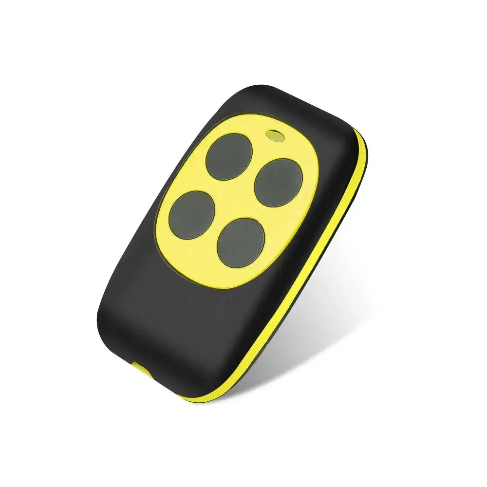 Garage door remote with four gray buttons on a yellow panel, black body with yellow trim