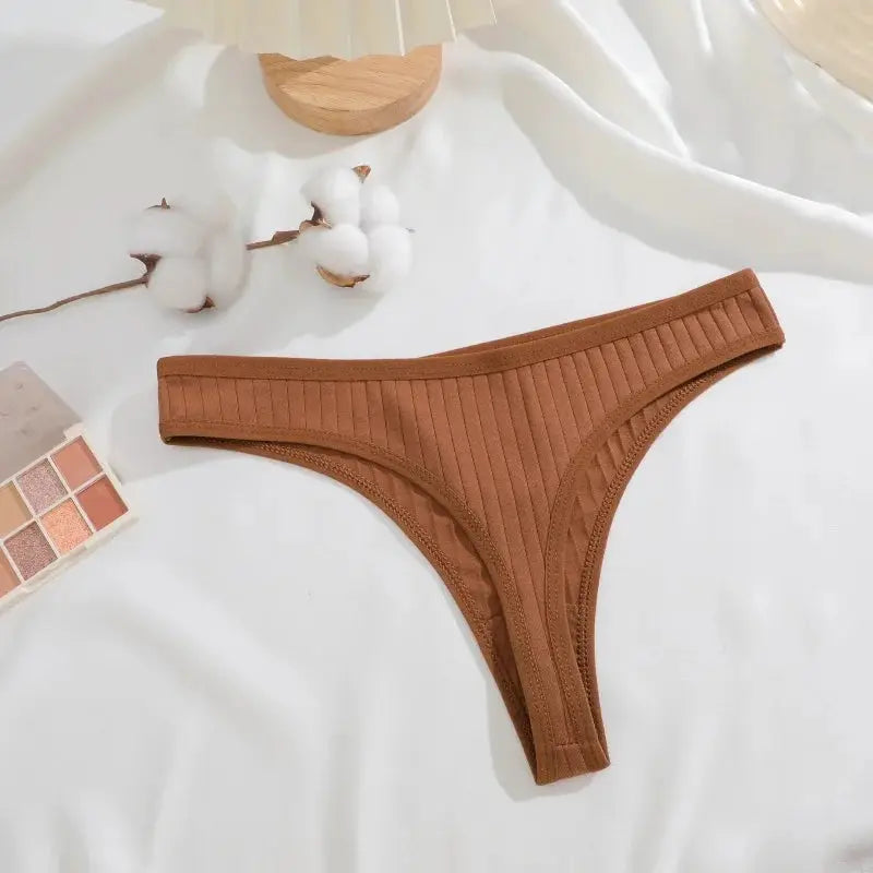 Brown ribbed cotton G-string thong for women, low-rise underwear