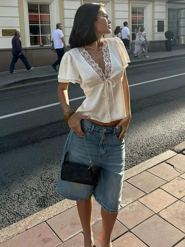 Lace Up Hollow Out Cropped V Neck T Shirt For Women Lightweight Polyester Summer Top