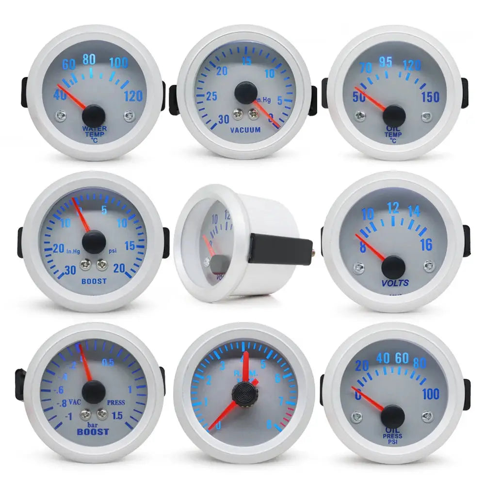 Dragon Gauge 2-inch LED car gauge set by Simples Market; nine 52mm white gauges with blue LEDs for boost, temps, vacuum, volts, tach