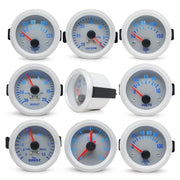 Dragon Gauge 2-inch LED car gauge set by Simples Market; nine 52mm white gauges with blue LEDs for boost, temps, vacuum, volts, tach