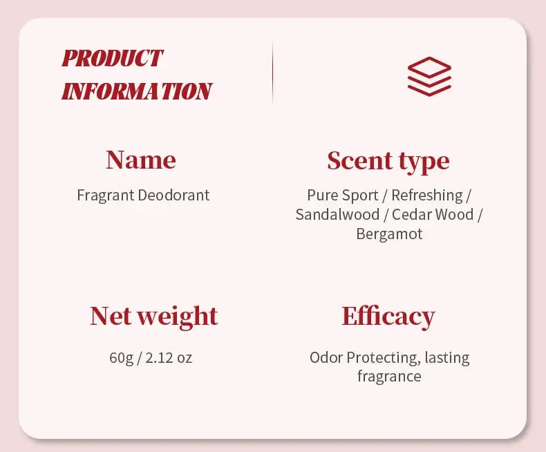 Fragrant Deodorant information card on pink panel, Sandalwood scent, 60g net weight, odor protection