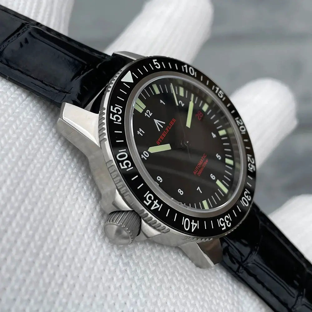 STEELFLIER SF783 NH35 automatic dive watch with ceramic bezel, black dial, luminous markers, and black leather strap.