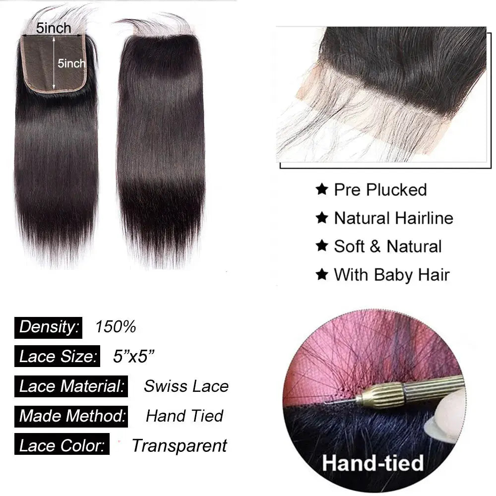 Hair extensions set: 2 straight human hair bundles with lace closure and lace frontal transparent Swiss lace hand-tied