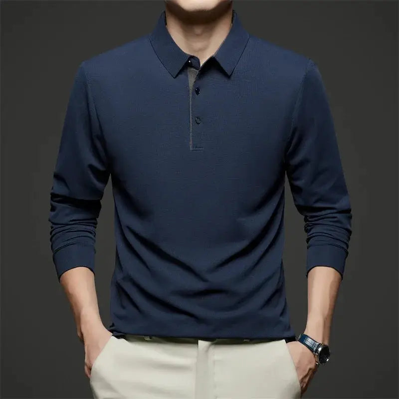 Men's navy blue long-sleeve polo shirt with collar for versatile business-casual wear.