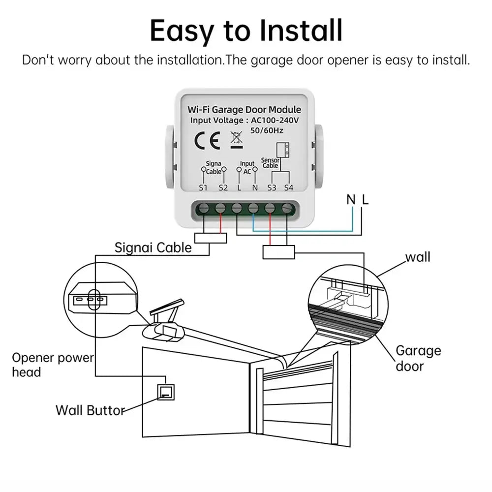 Smart WiFi garage door opener module installation diagram showing terminals S1–S4 and N/L wiring.