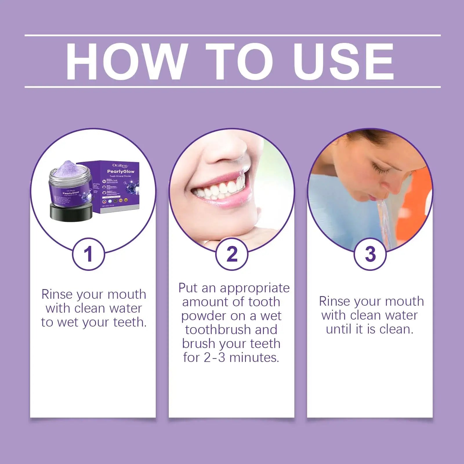Simples Market PearlyGlow purple teeth whitening powder jar with three-step how-to instruction visuals
