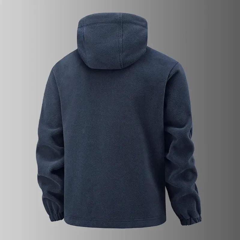 Men's navy fleece hooded jacket, thick warm windproof outdoor coat, loose fit, back view