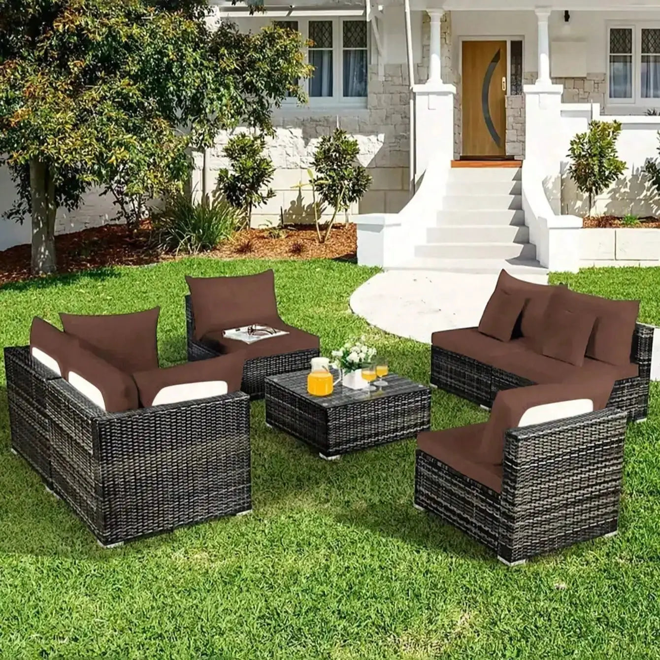 Outdoor sofa cushions in brown for wicker patio set by Simples Market