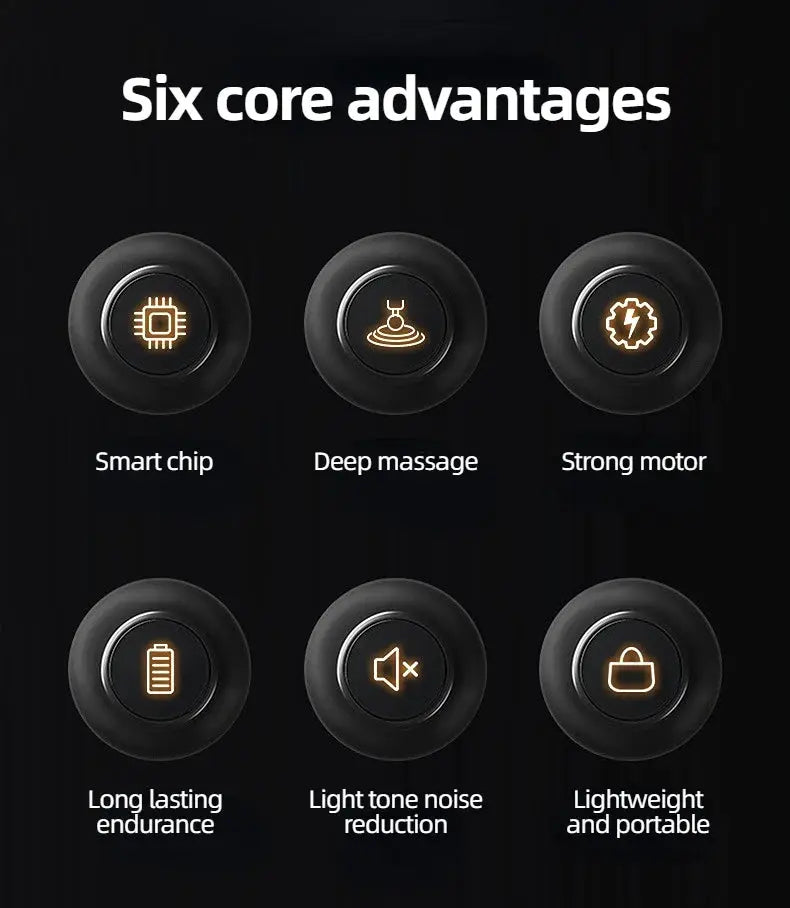Simples Market black portable mini massage gun with six core benefits: smart chip, deep massage, strong motor.