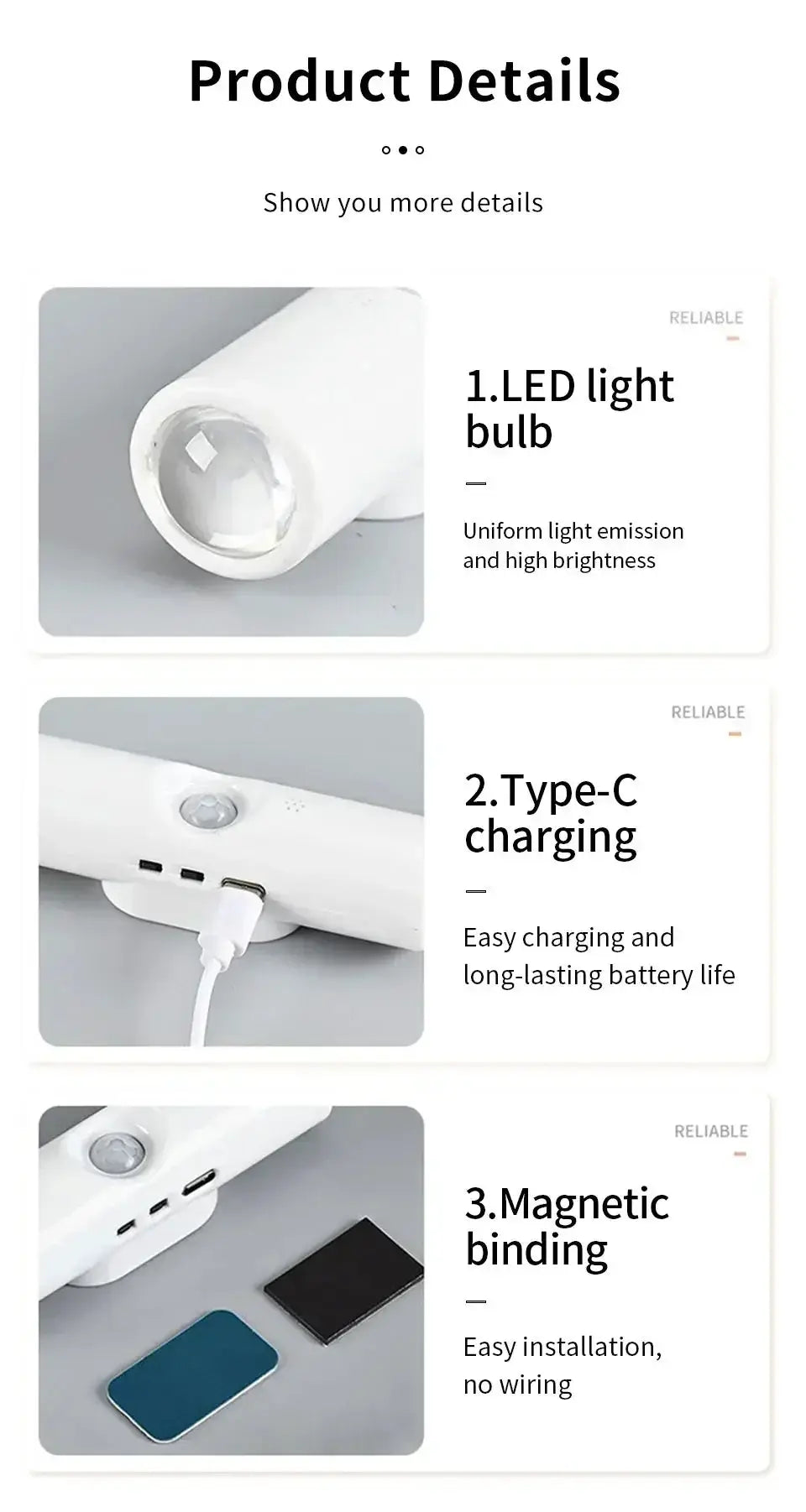 Simples Market smart RGB gradient wall light with motion sensor, white finish, Type-C charging and magnetic mounting.