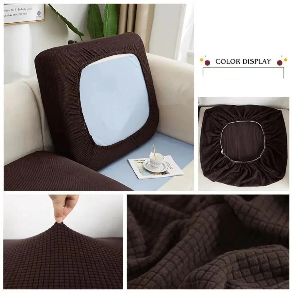 Elastic brown sofa cover for living room; solid-color cushion slipcover, removable and stretchy