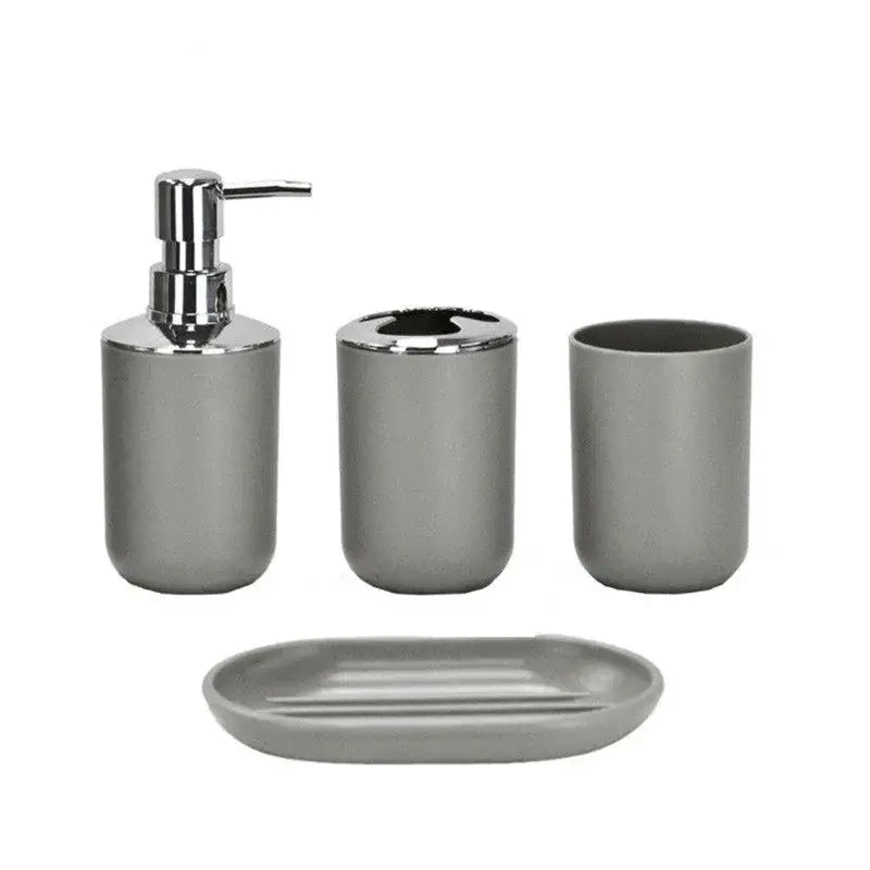 Luxury 4-piece bathroom set with gray matte dispenser, chrome pump, matching tumbler, and soap dish