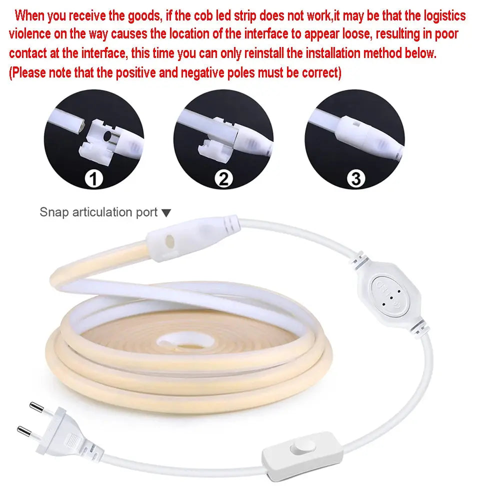 Simples Market COB LED strip light, flexible warm-white tape with EU/US plug and inline switch, 1–35 m length